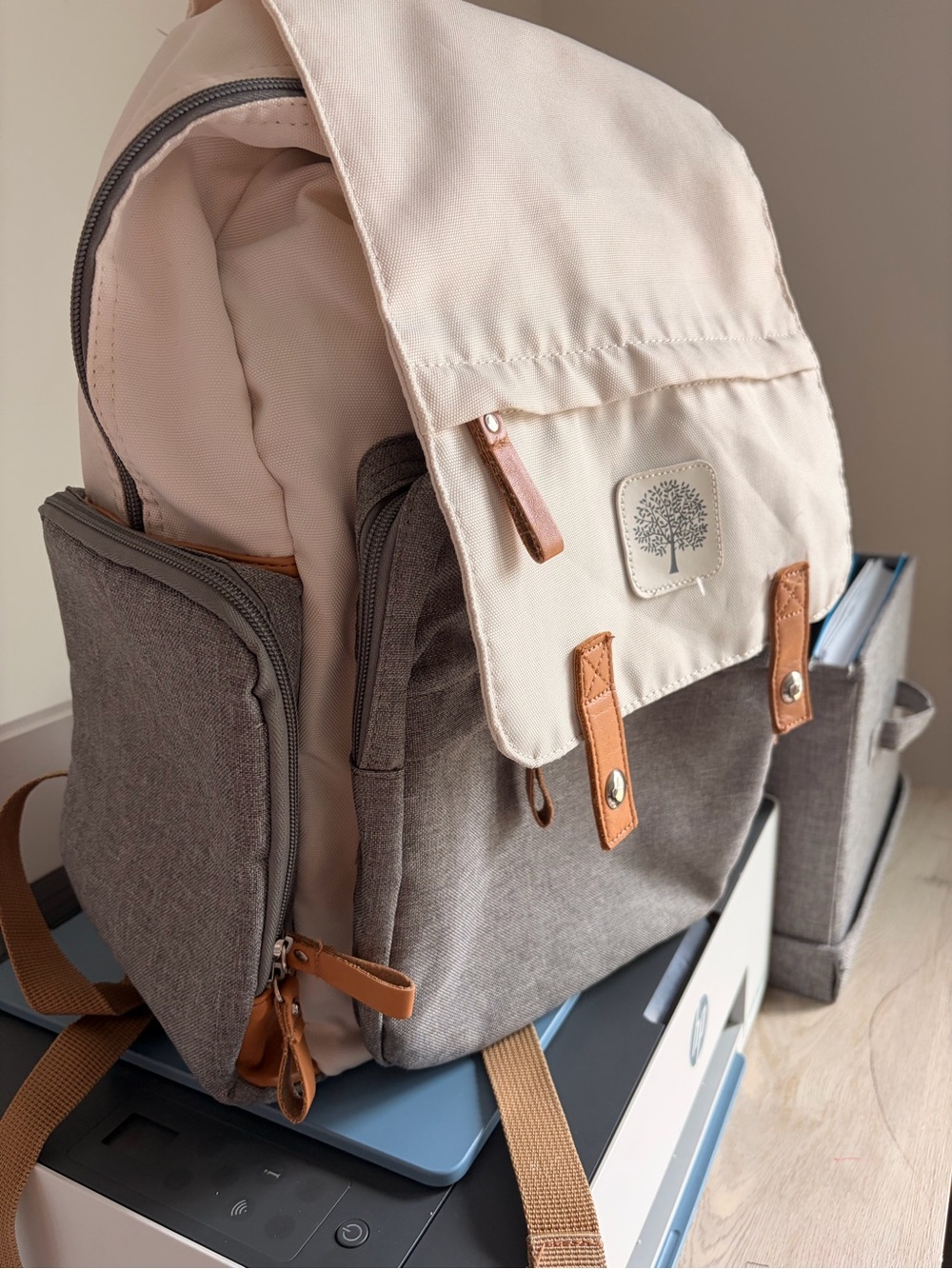 Two-Tone Beige and Gray Backpack with Leather Accents
